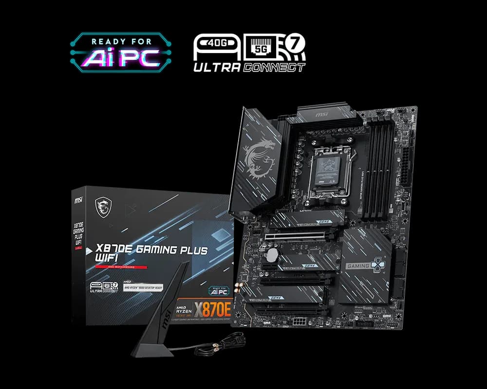 Placa base MSI X870E Gaming Plus WiFi junto a su caja