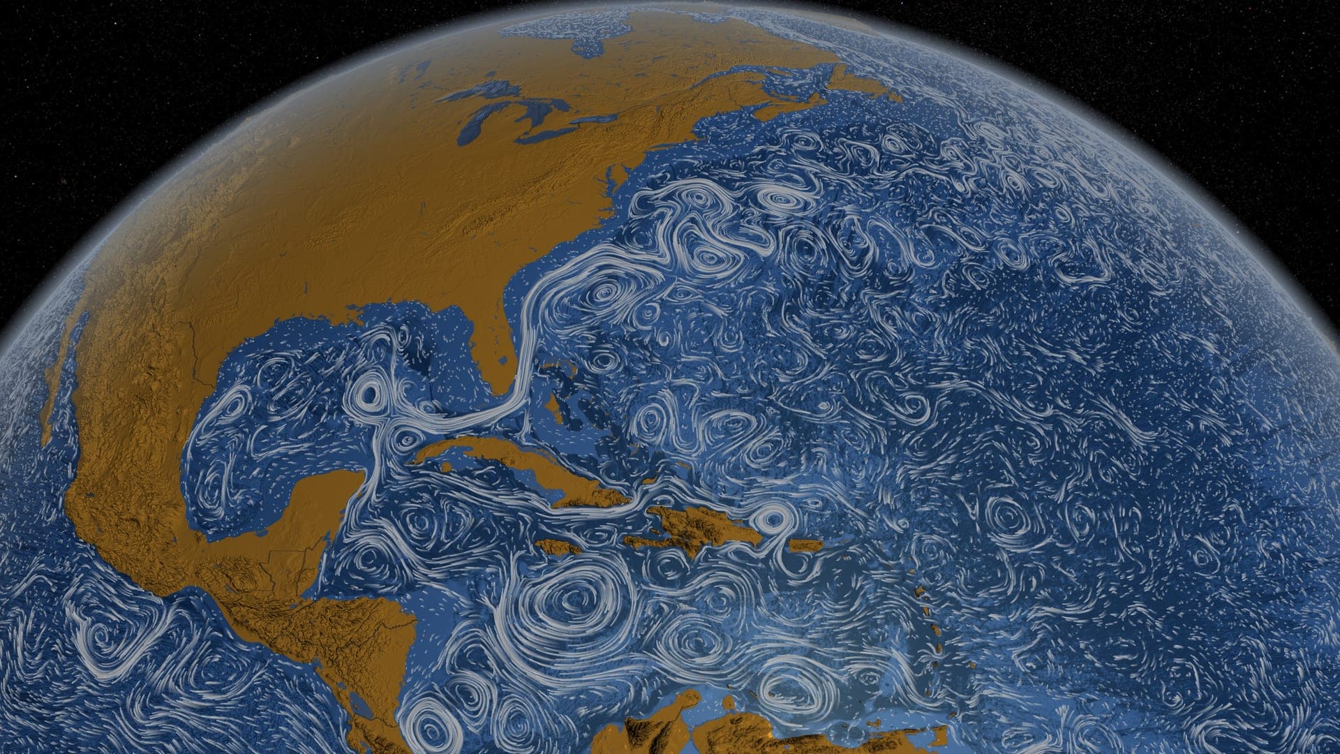 Visualización de la NASA de las corrientes del Atlántico Norte: remolinos blancos sobre el océano azul alrededor de la corriente del Golfo
