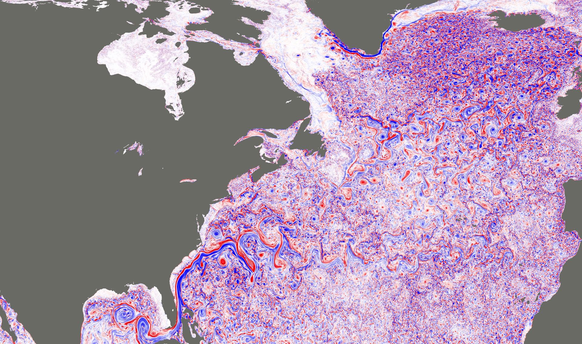 Simulación de la NASA de la turbulencia en el Atlántico Norte: remolinos rojos y azules según el giro del agua