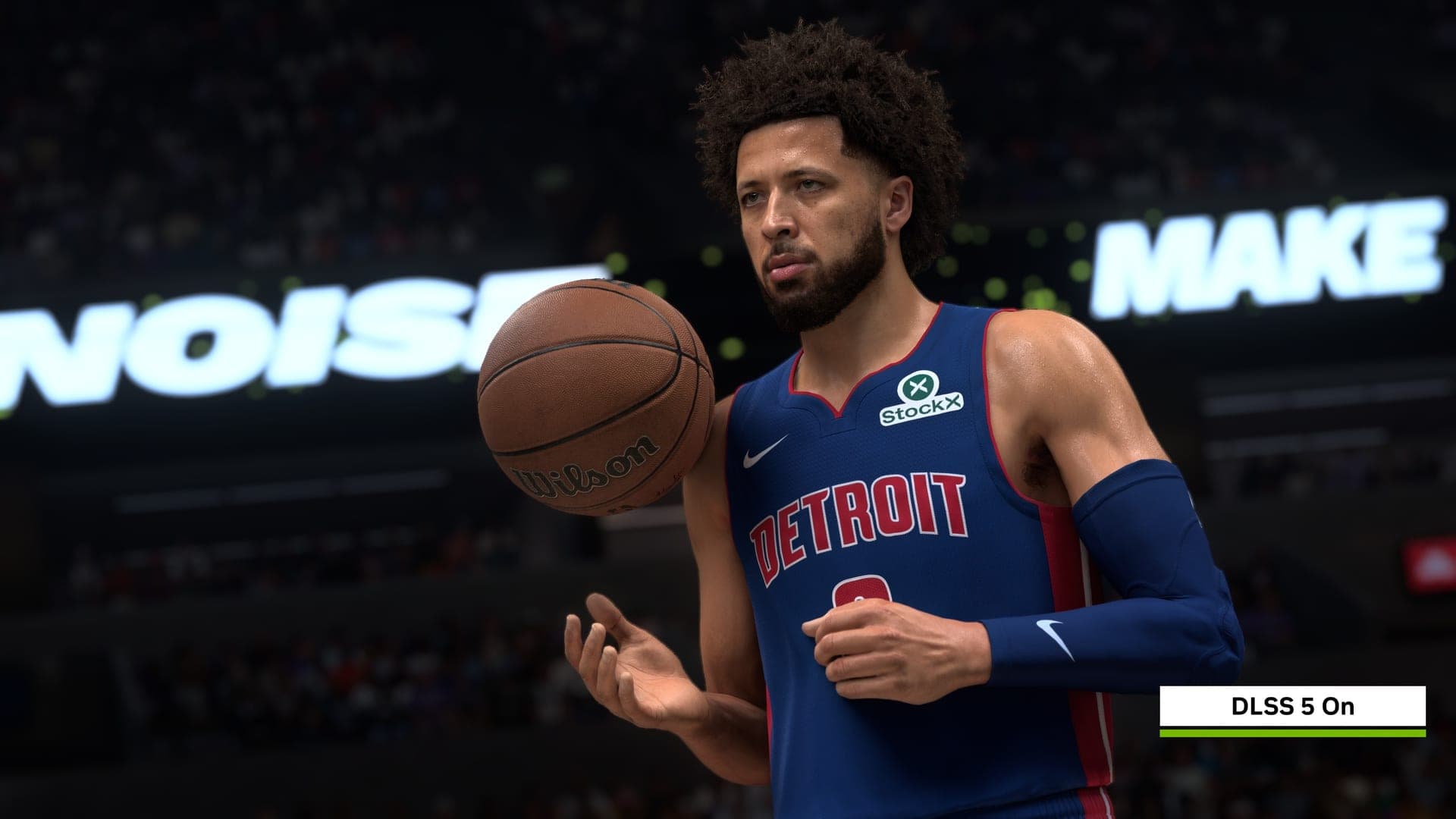 Jugador de los Detroit Pistons en NBA 2K27 con DLSS 5 activado, en la captura comparativa de NVIDIA