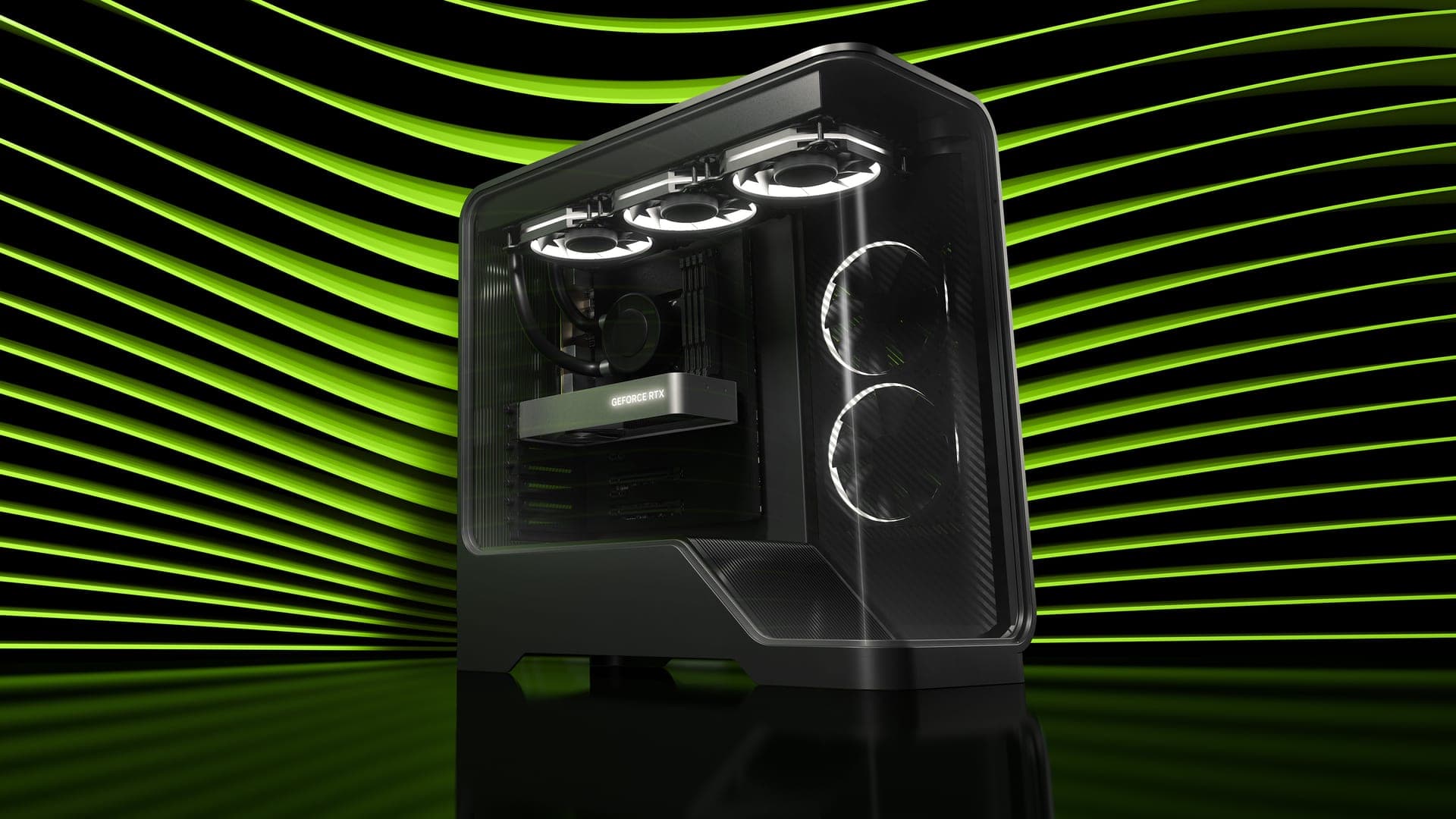 Torre de PC con una GeForce RTX 5070 Ti montada, sobre fondo negro y verde, imagen clave de NVIDIA