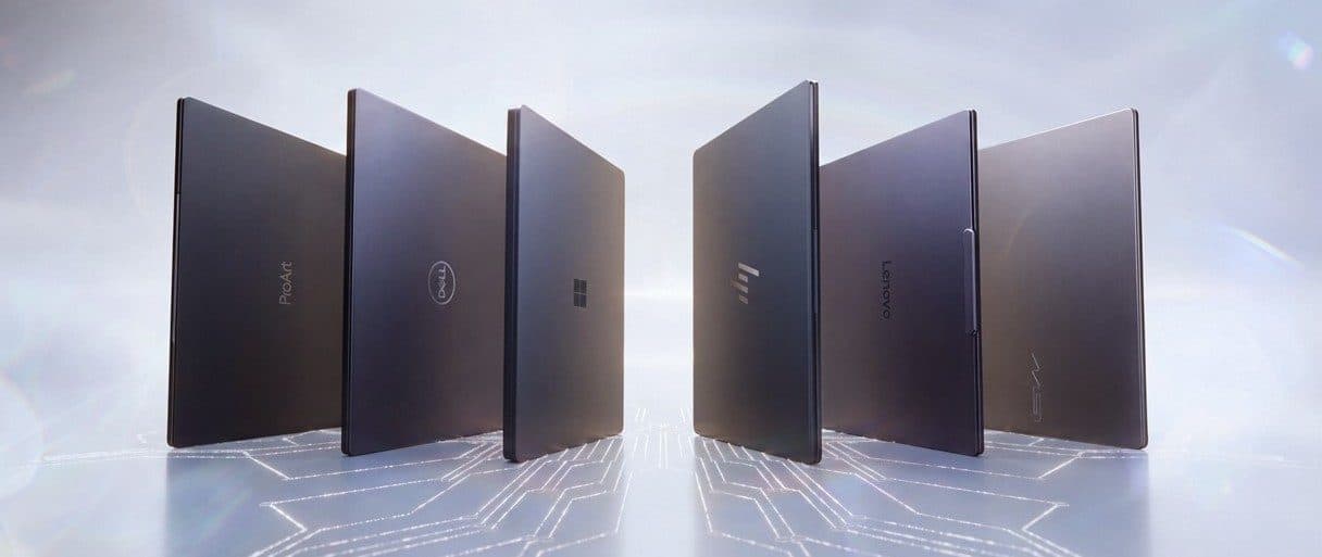 Seis portátiles RTX Spark de pie y cerrados, con los logotipos de ASUS ProArt, Dell, Microsoft, HP, Lenovo y MSI en la tapa, imagen oficial de NVIDIA