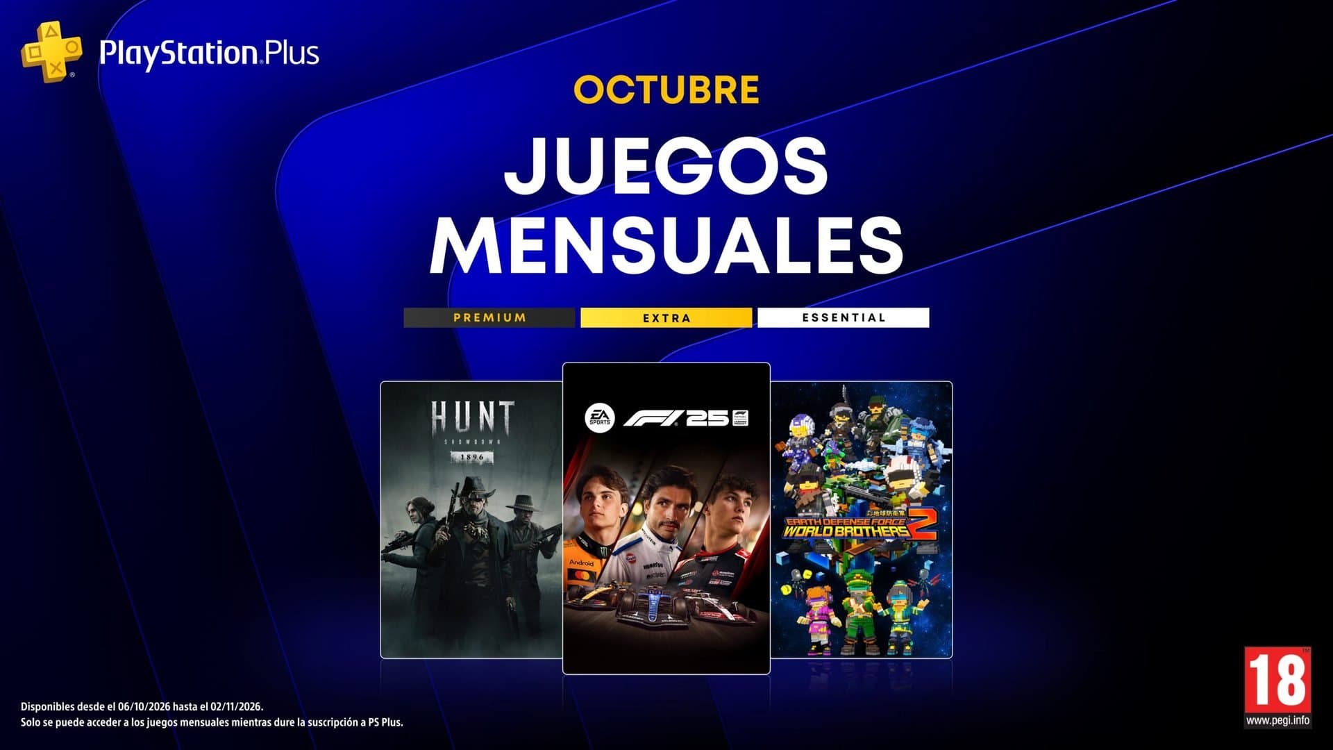 Cartel oficial de los juegos mensuales de PlayStation Plus de octubre: Hunt: Showdown 1896, F1 25 y Earth Defense Force: World Brothers 2