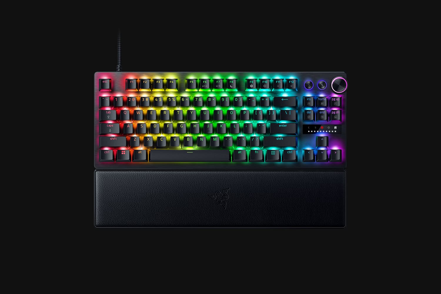 Teclado Razer Huntsman V3 Pro Tenkeyless visto desde arriba, con reposamuñecas e iluminación RGB