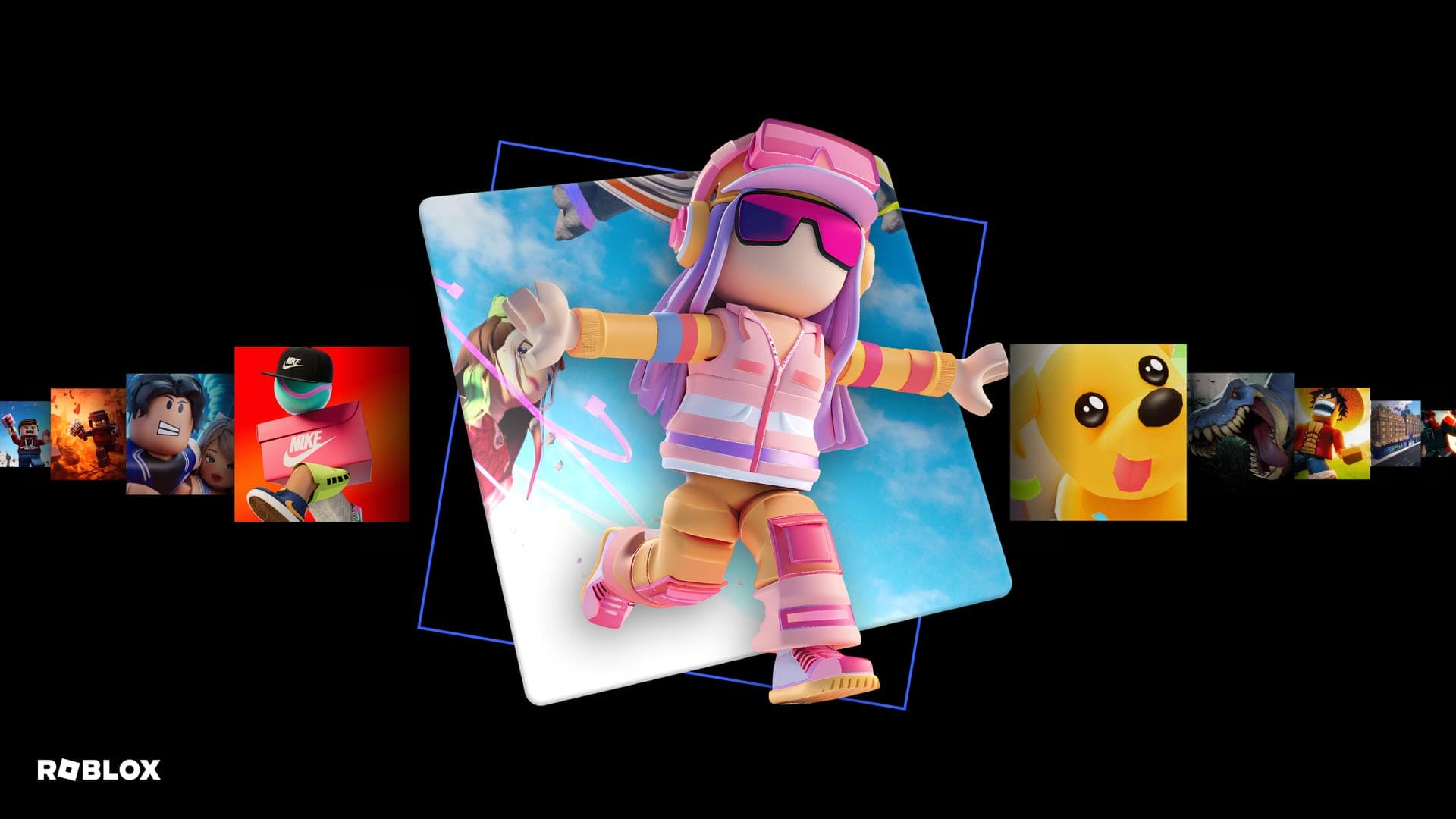 Avatar de Roblox en primer plano con un mosaico de experiencias de la plataforma detrás