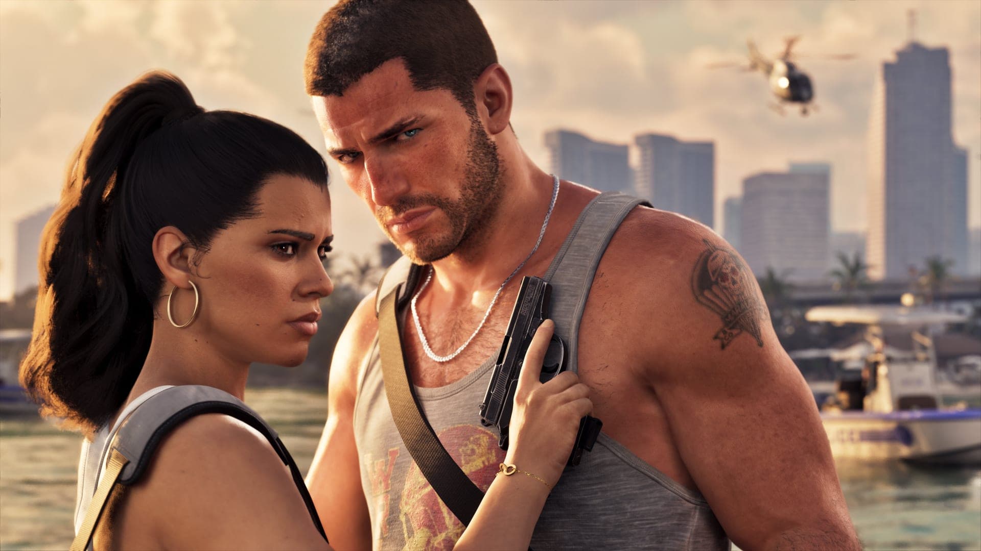 Jason Duval y Lucia Caminos, los protagonistas de Grand Theft Auto VI, con la ciudad detrás