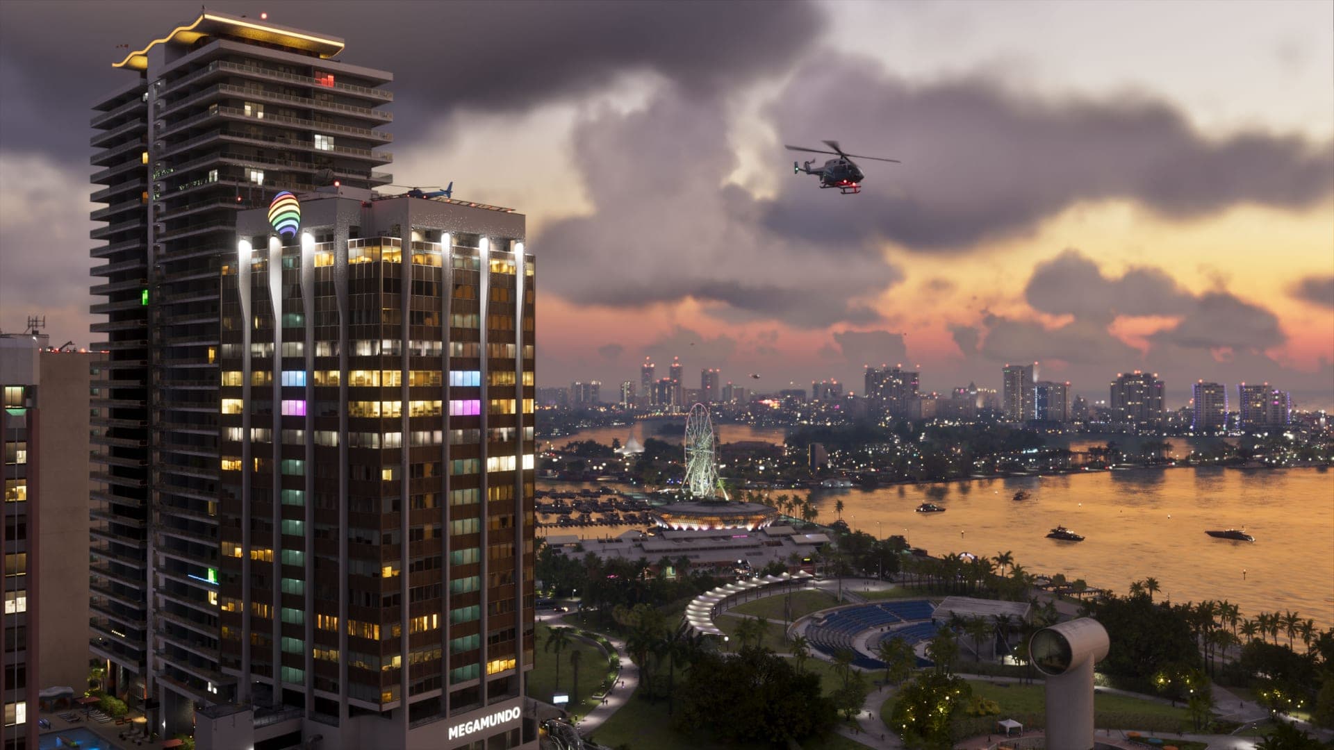 Rascacielos y bahía de Vice City al anochecer, captura oficial de Grand Theft Auto VI