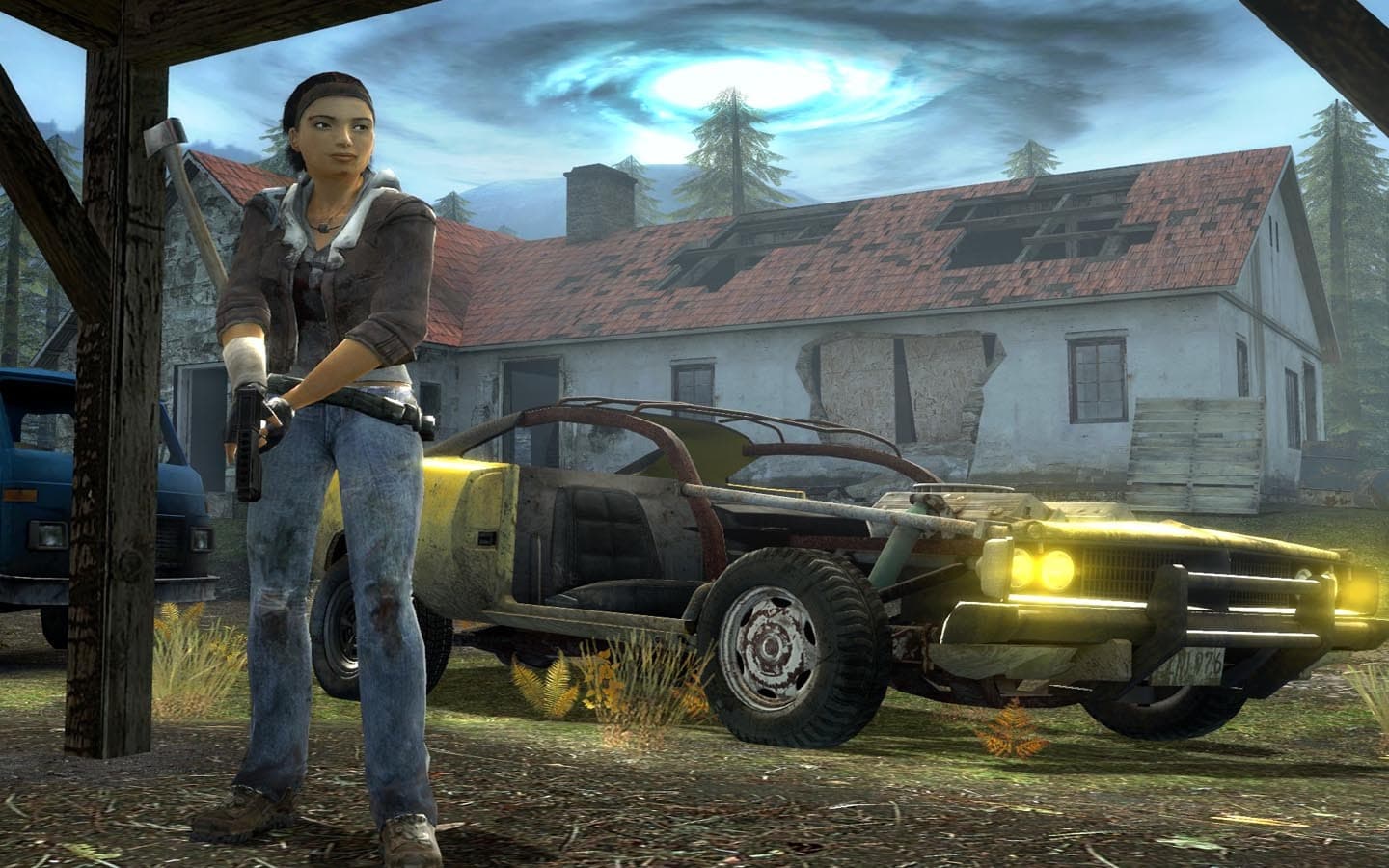 Alyx Vance junto a un coche frente a una granja, con el vórtice de la Ciudadela en el cielo, en Half-Life 2: Episode Two