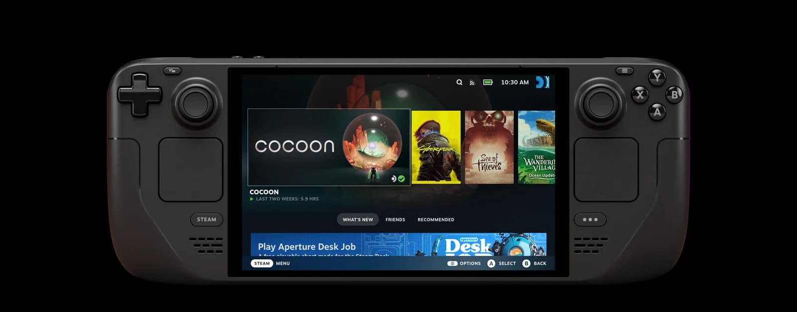 Steam Deck OLED de frente, con la biblioteca de Steam en pantalla